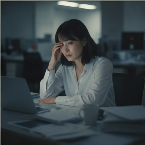 4コマ目1：夜遅くまでオフィスで一人残業し、疲れきっている女性